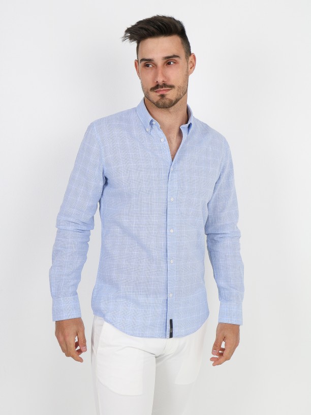 Plaid pattern linen cotton shirt