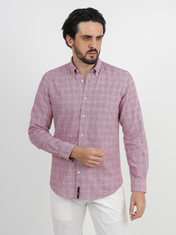Camisa de linho e algodão padrão xadrez