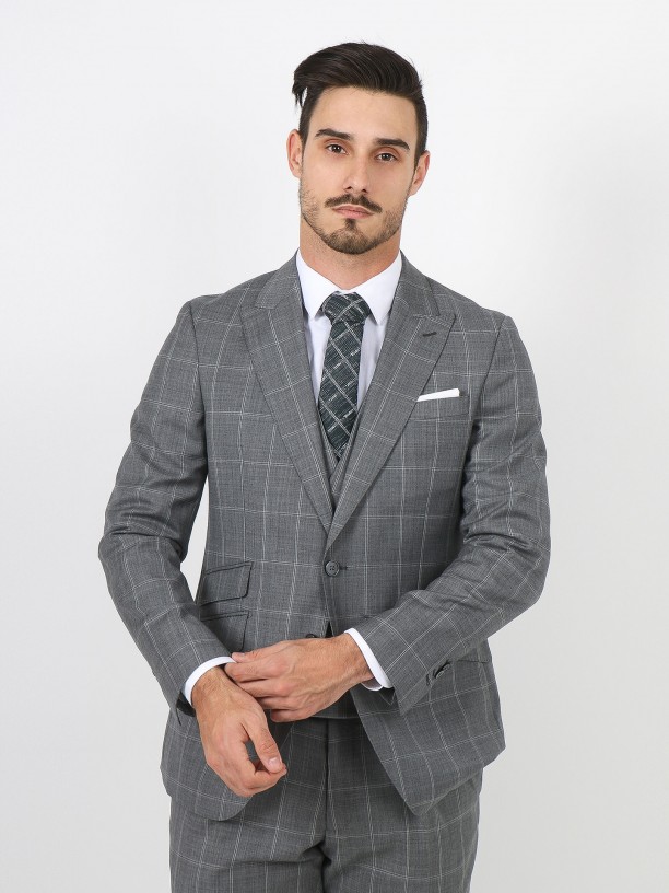 Regular fit 100% wool pattern suit with waistcoat