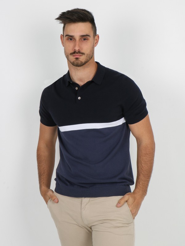 White stripe navy knit polo shirt