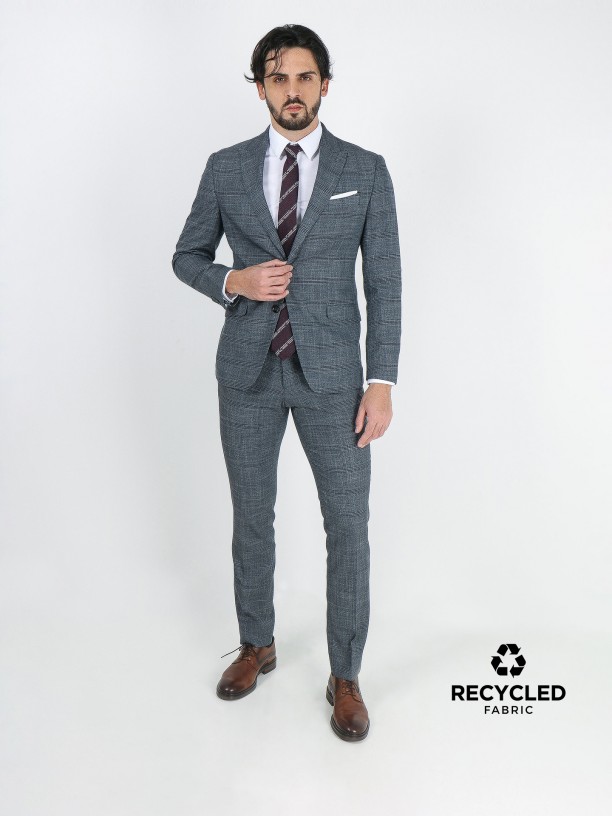 Plaid pattern slim fit suit recycled fabric