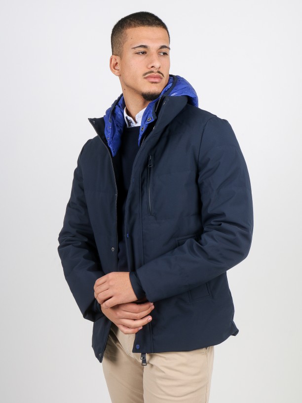 Technical parka with contrasting hood Technical parka with contrasting hood