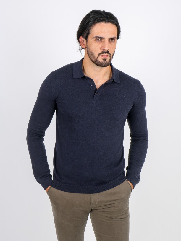 Polo de malha manga comprida algodão e seda Polo de malha manga comprida algodão e seda