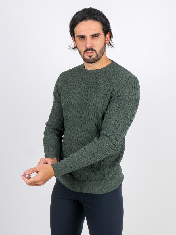 Camisola de malha de algodão efeito entrançado Camisola de malha de algodão efeito entrançado