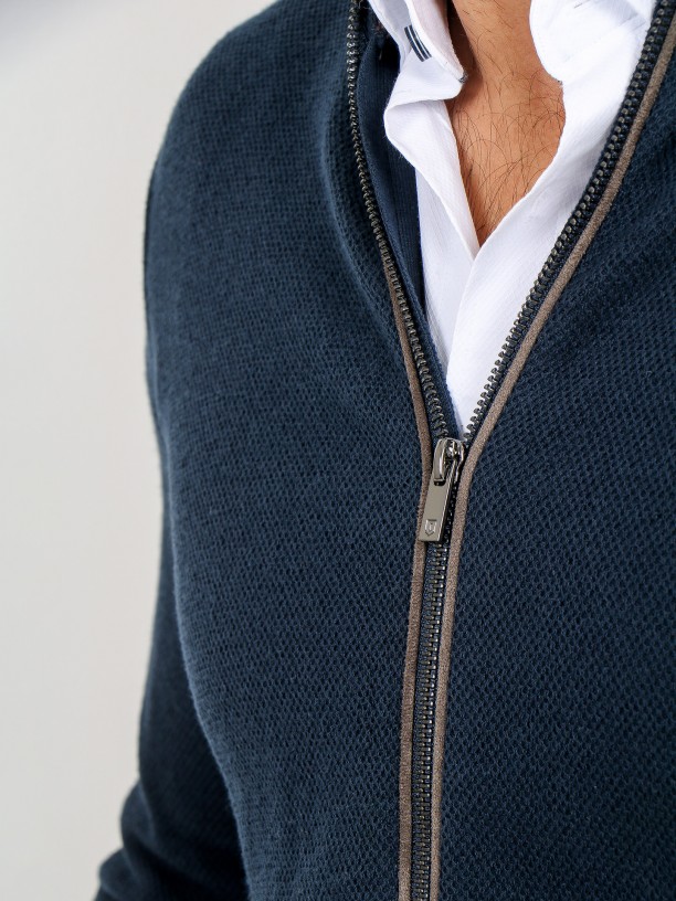 Cotton structured knit zip cardigan