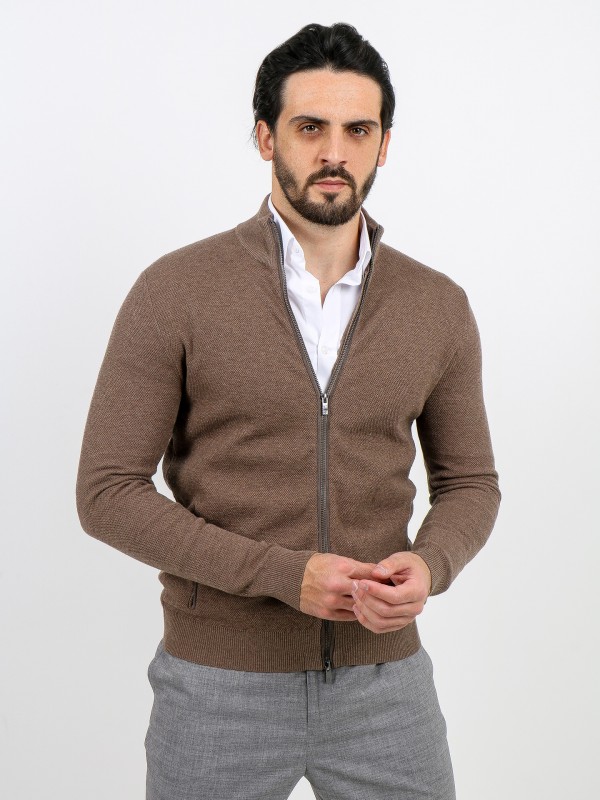 Cotton structured knit zip cardigan