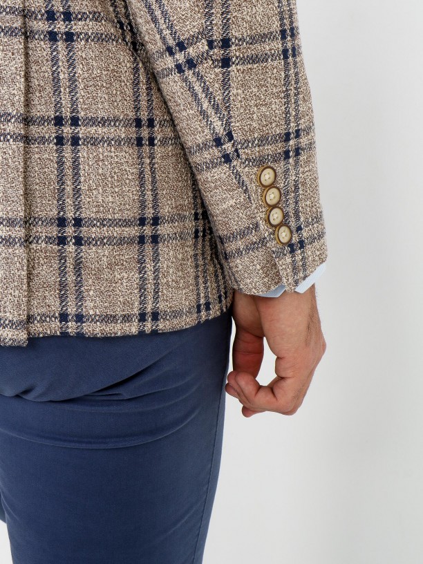 Blazer de padrão xadrez algodão e linho Blazer de padrão xadrez algodão e linho