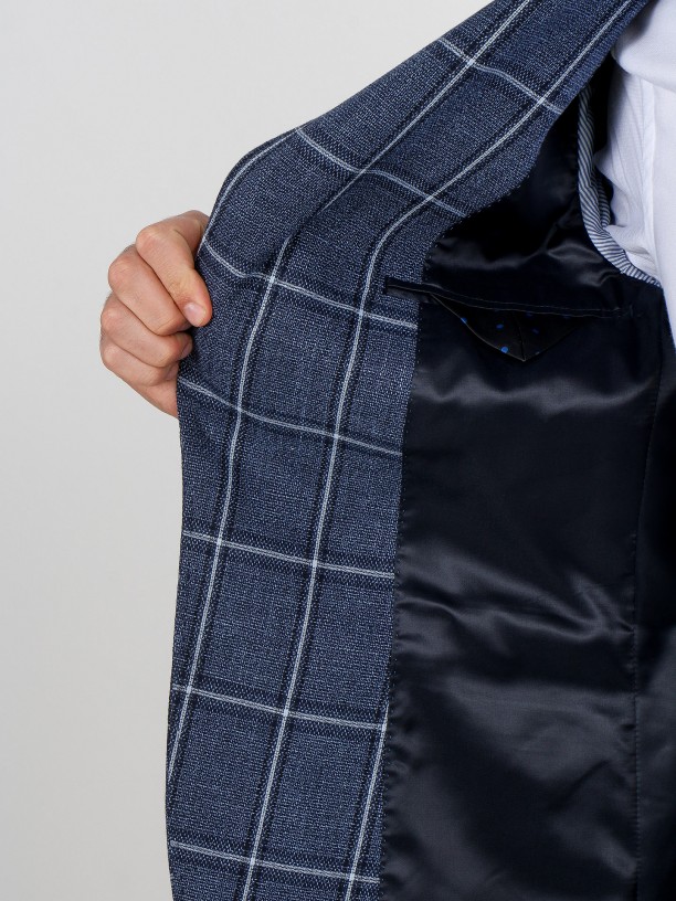 Blazer de padrão xadrez algodão e linho Blazer de padrão xadrez algodão e linho