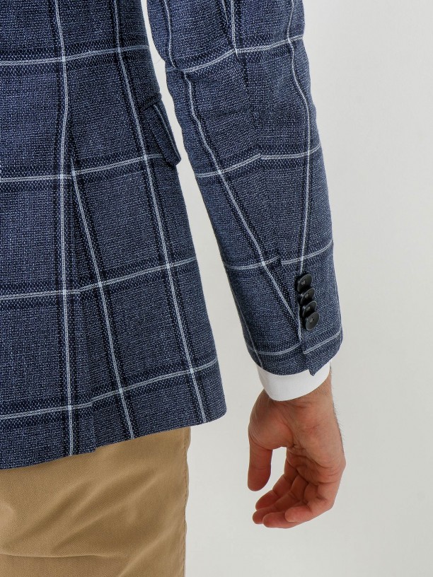 Blazer de padrão xadrez algodão e linho Blazer de padrão xadrez algodão e linho
