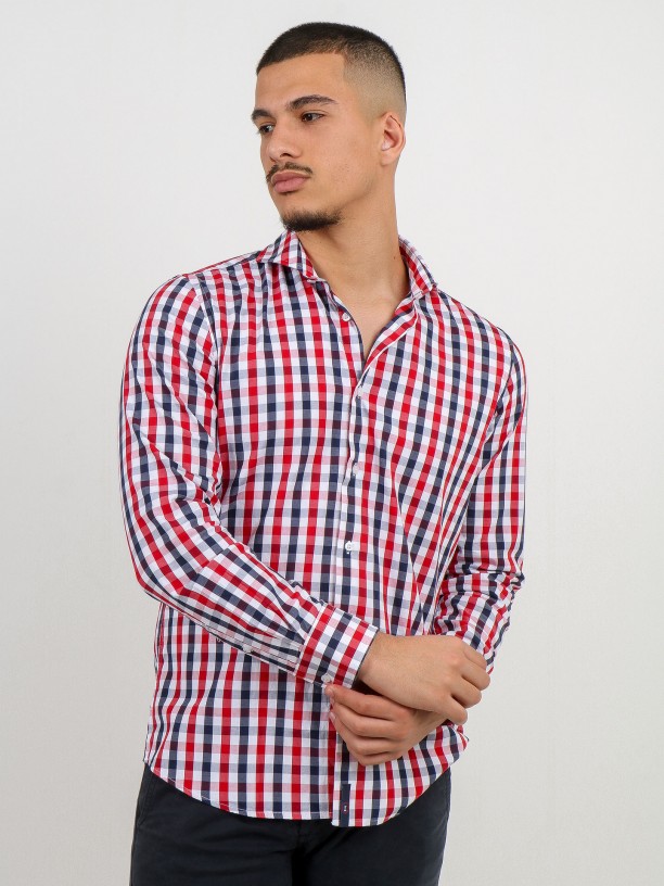 Camisa de algodo riscas colarinho curto