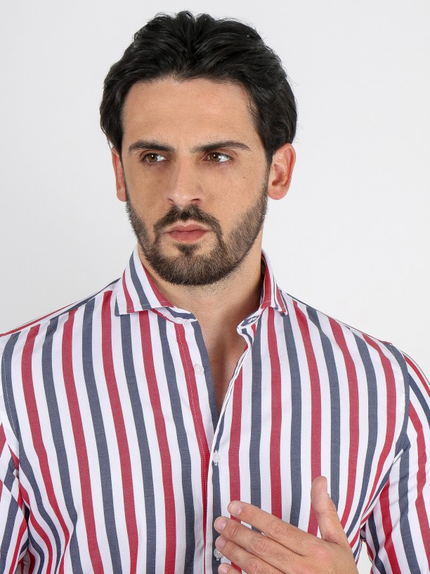 Short collar cotton stripes pattern shirt