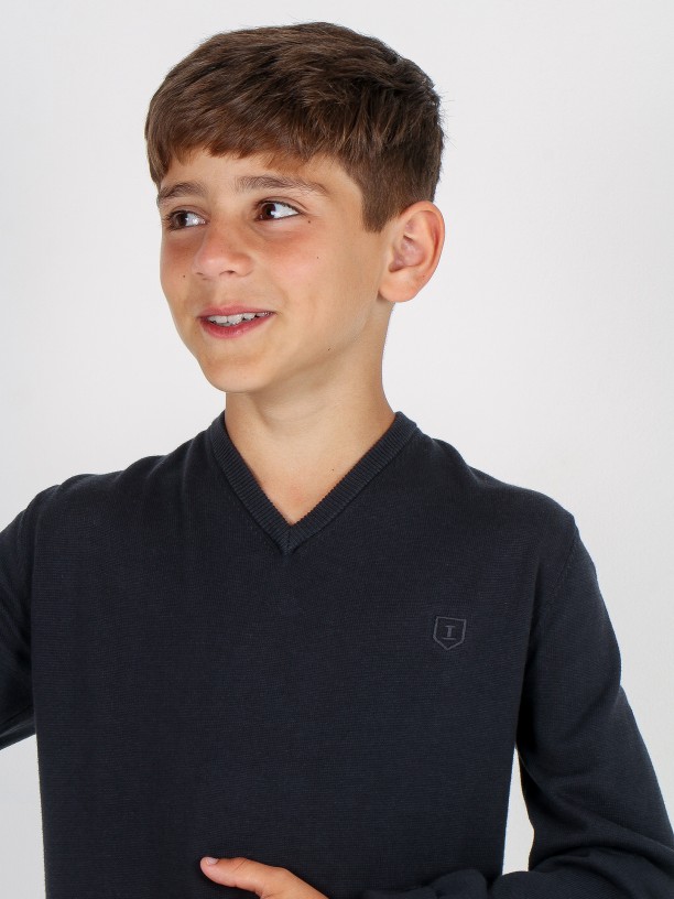 V-collar 100% cotton knit sweater kids