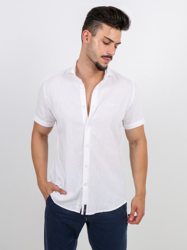 Short-sleeved linen and cotton shirt