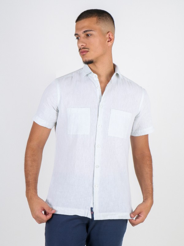 Camisa de manga curta de linho e algodão com bolsos