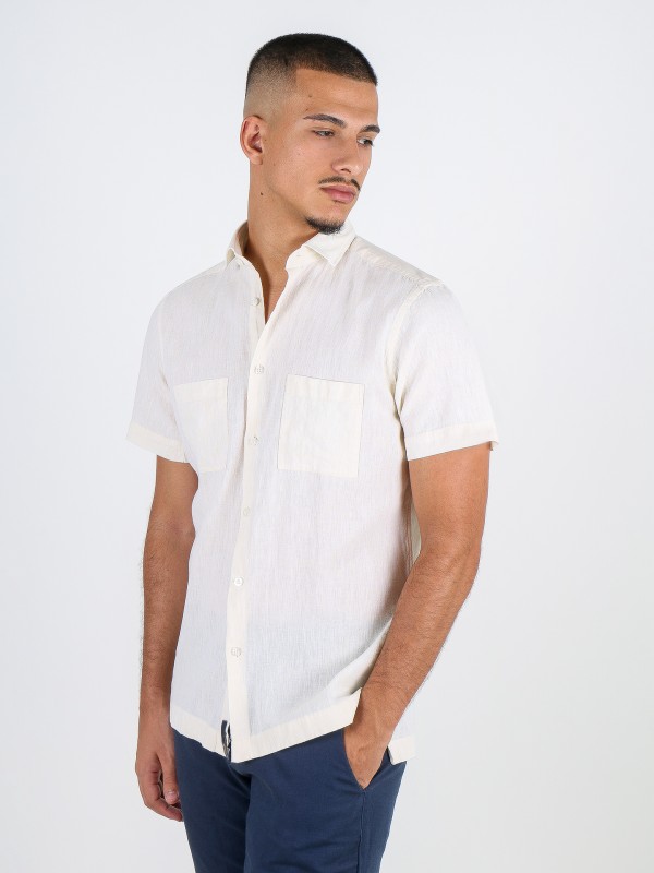 Short-sleeved linen and cotton shirt with chest pockets