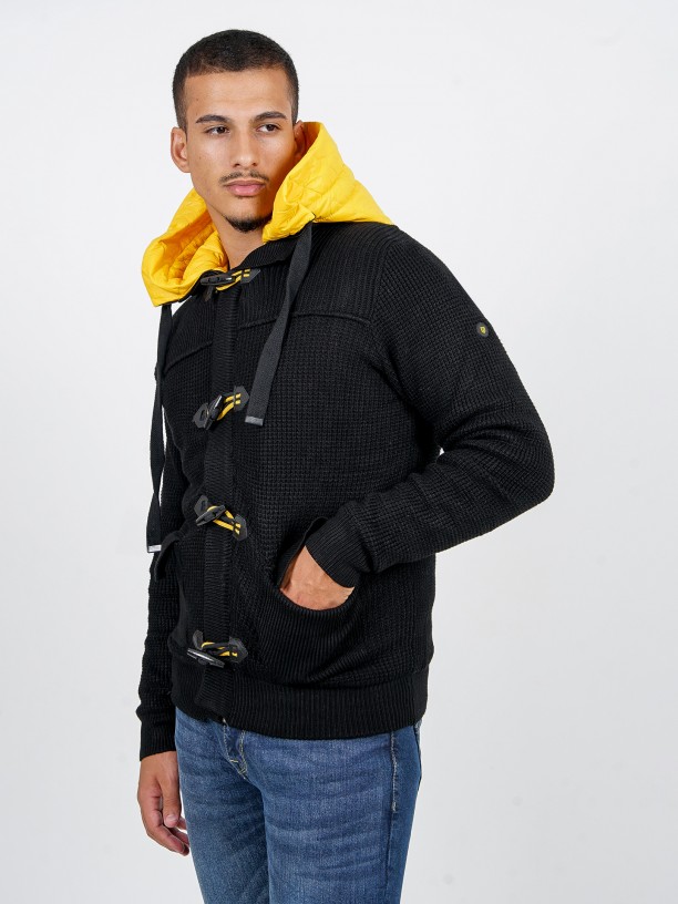 Knitted coat with contrast hood