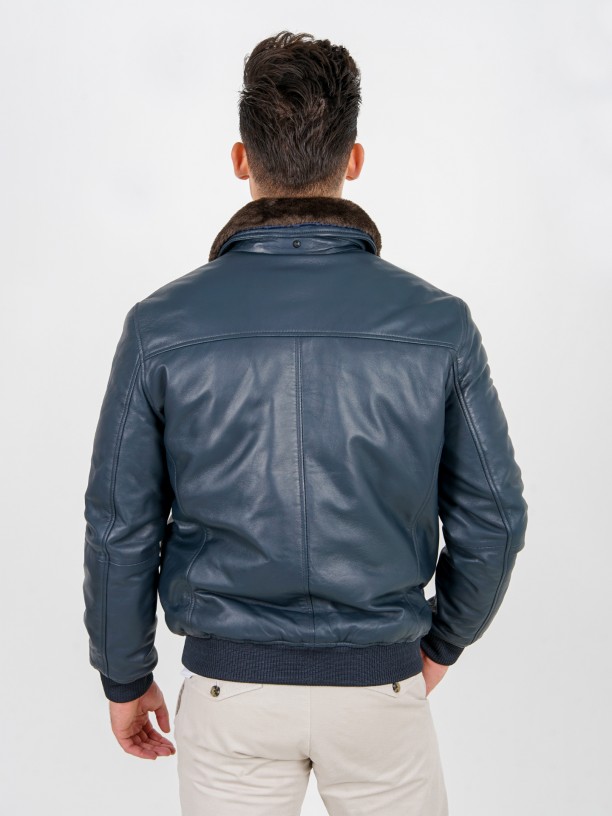 Leather jacket with fur collar