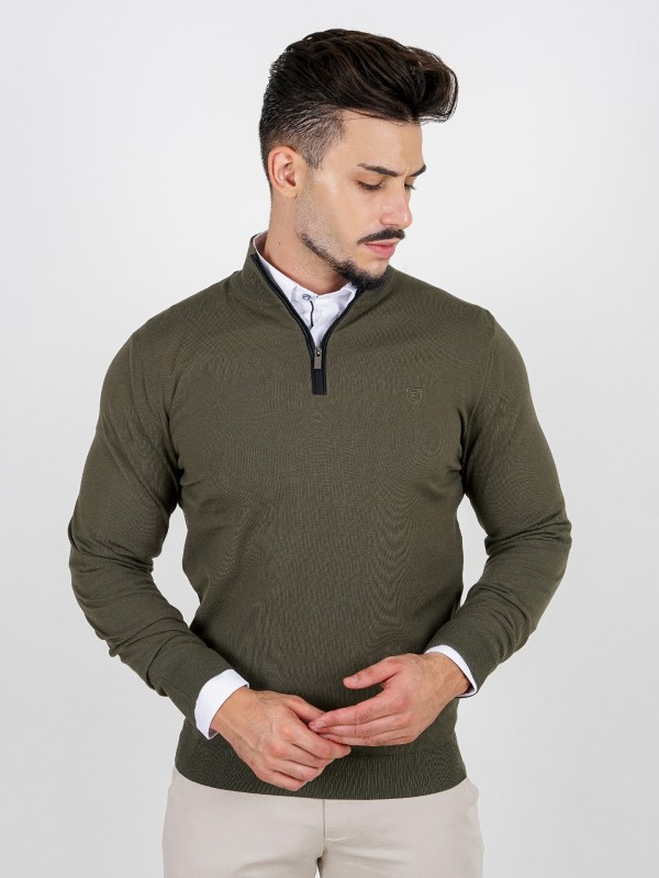 Knit sweater with half zip closure