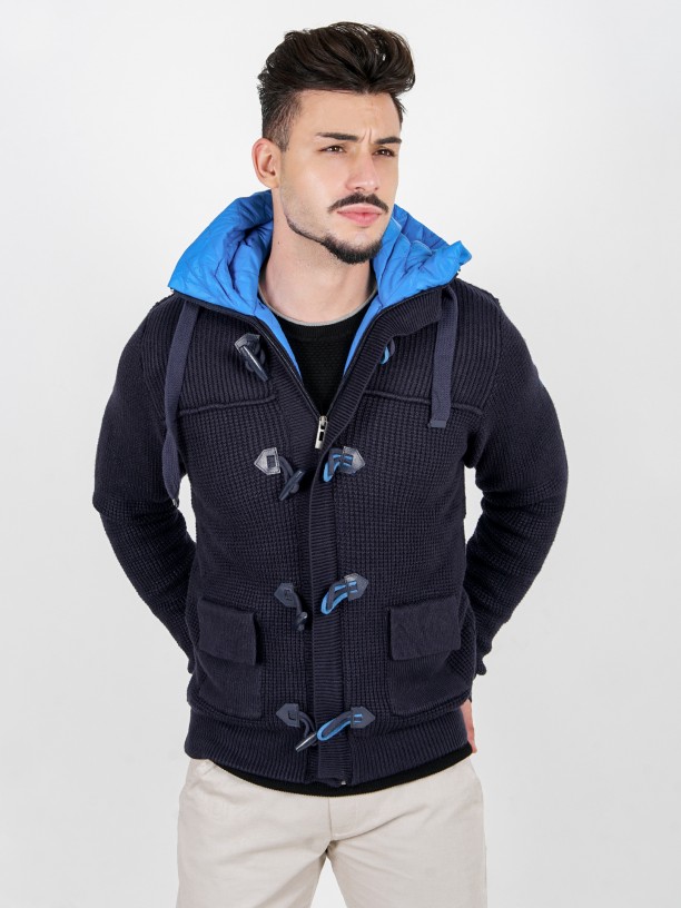 Knitted coat with contrast hood Knitted coat with contrast hood