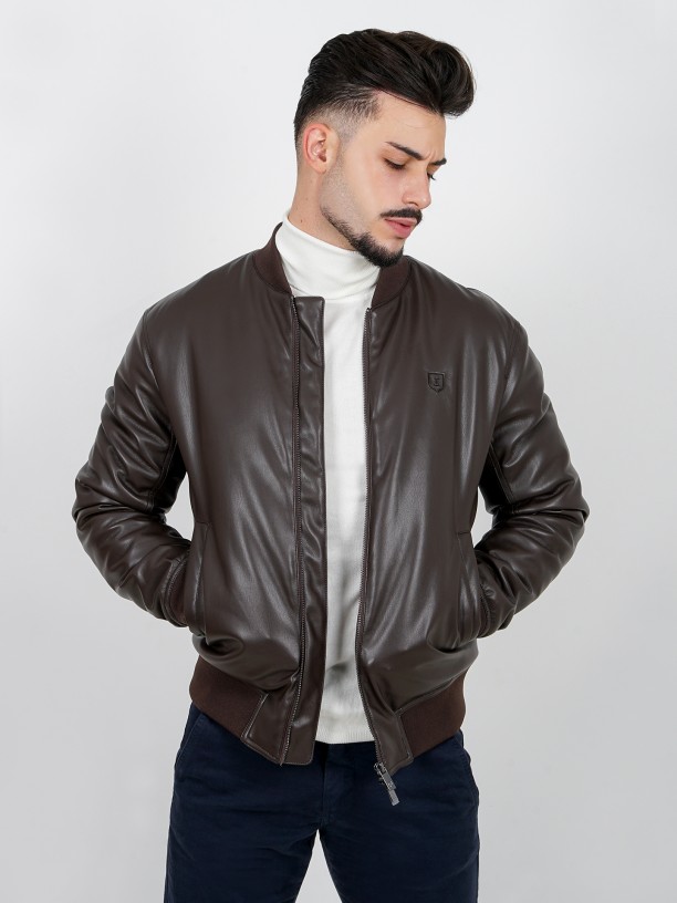 Syntethic leather bomber jacket