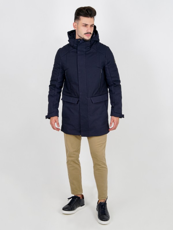 Long technical parka with hood