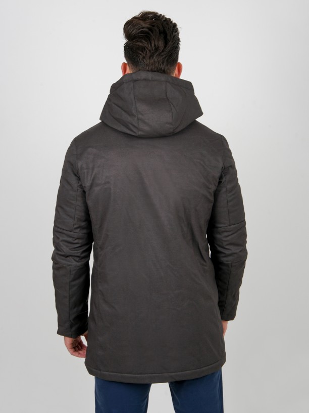 Technical stretch parka with pattern and hood