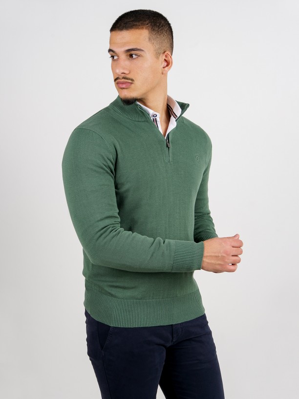 Knit sweater with half zip closure