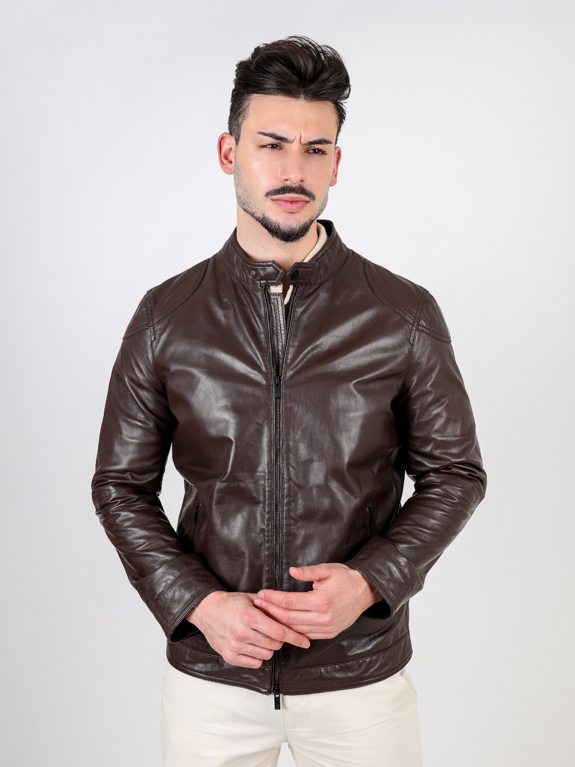 Blusão liso de pele genuína