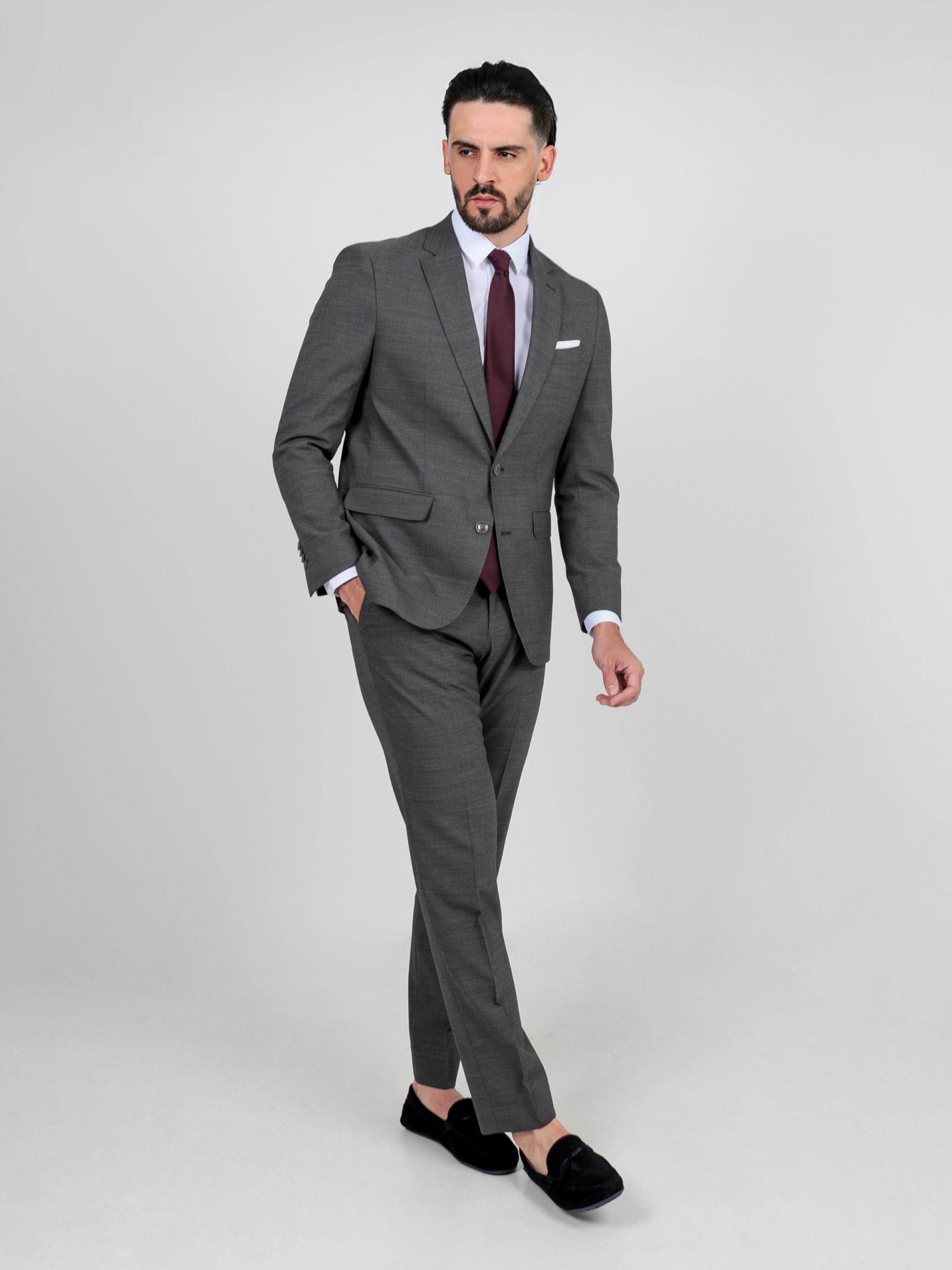 Fato liso regular fit lã elástica