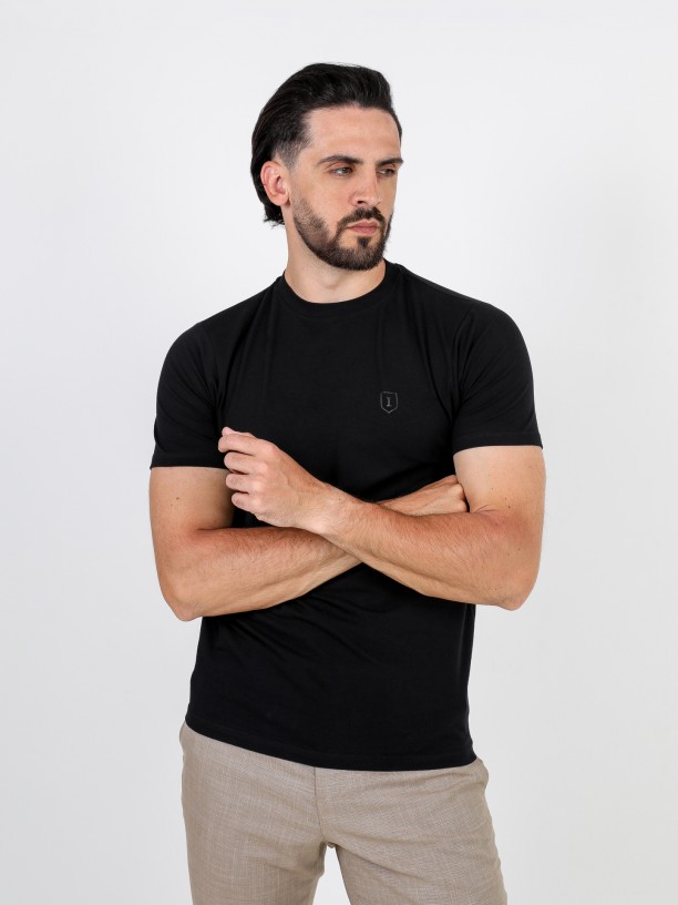 Elastic cotton plain t-shirt round collar