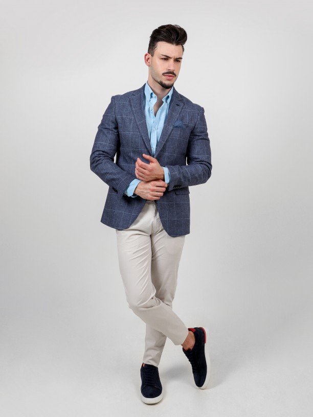 Linen and cotton blazer with checkered pattern