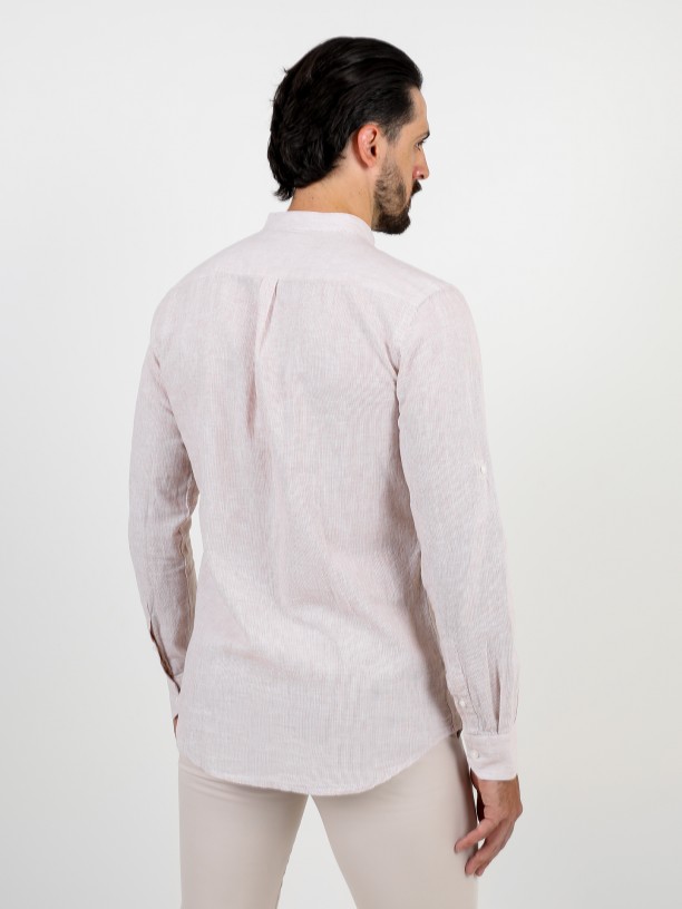Camisa de linho e algodão com gola mandarim