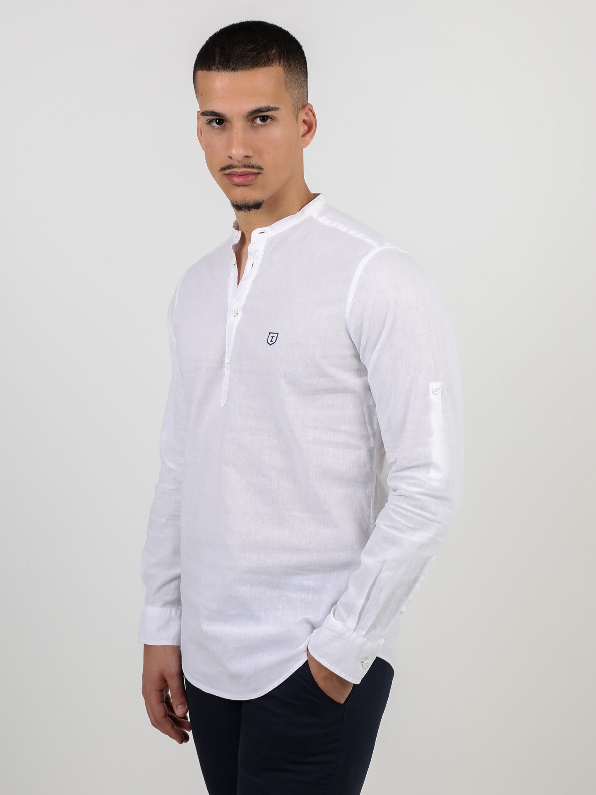 Mao collar linen cotton shirt