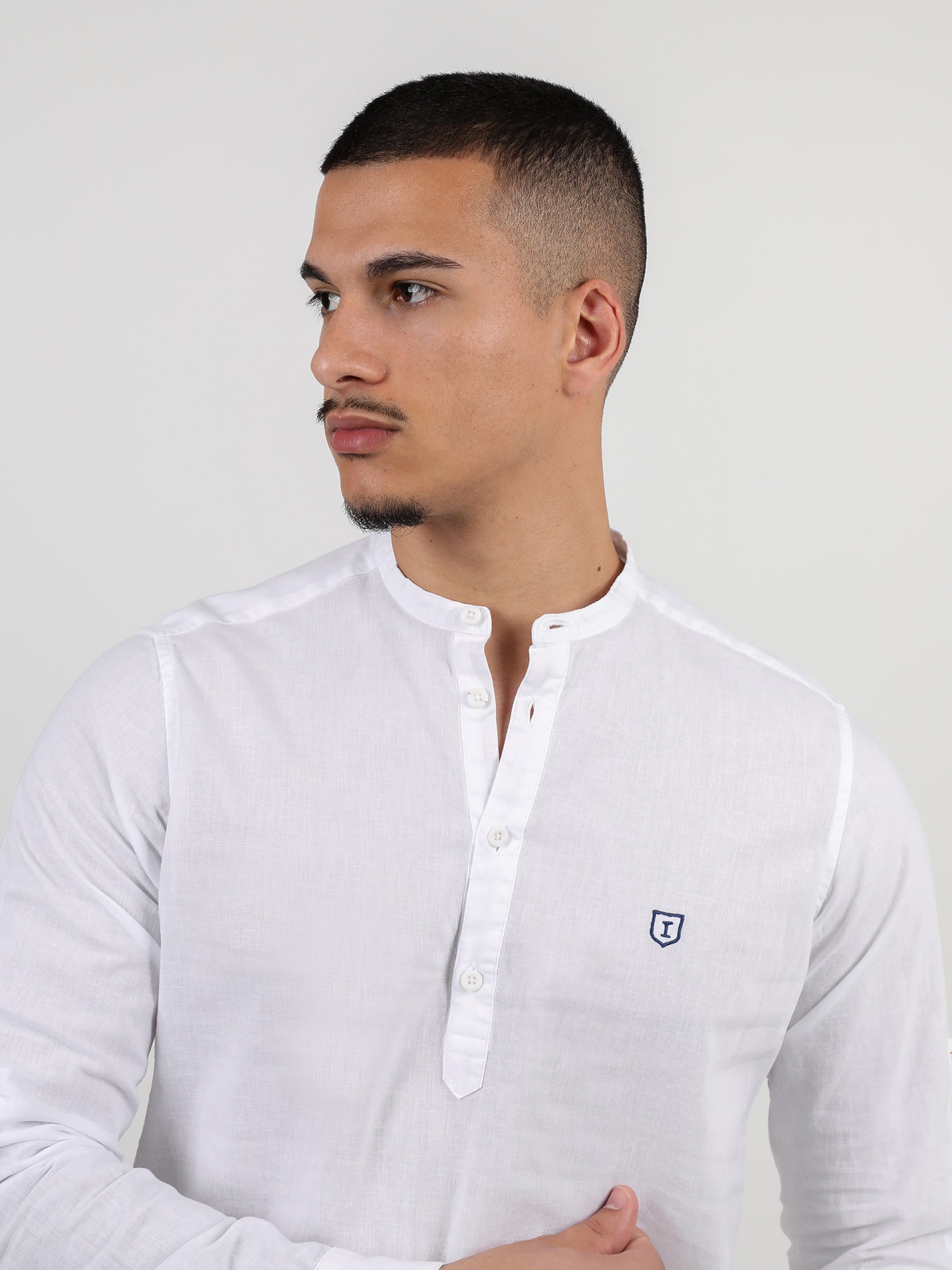 Mao collar linen cotton shirt