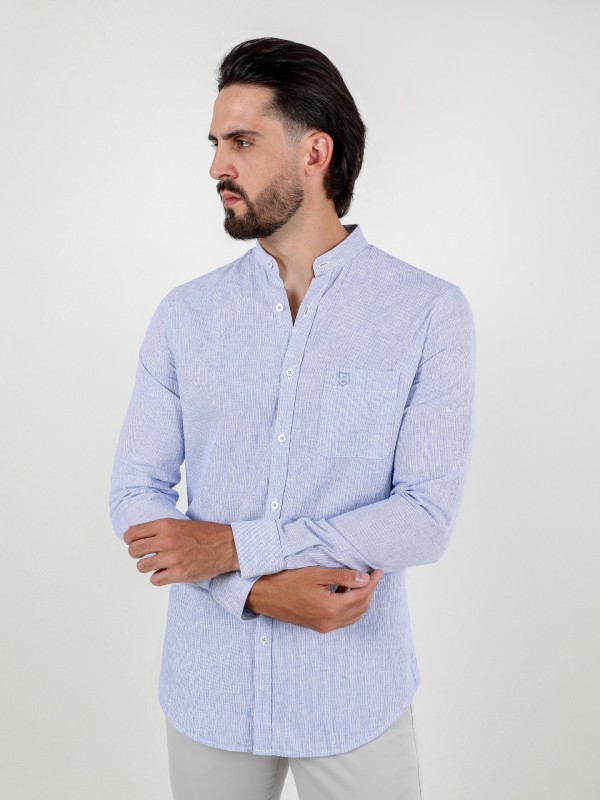 Camisa de linho e algodo com gola mandarim