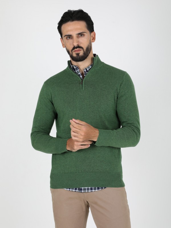 Knit sweater with half zip closure