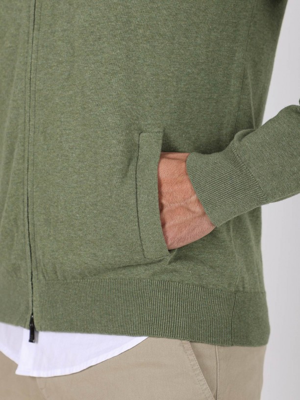 Cotton plain knit zip cardigan