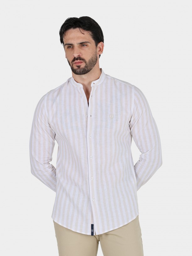 Camisa de linho e algodo com gola mandarim