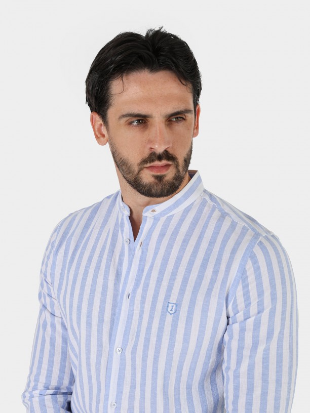 Camisa de linho e algodo com gola mandarim