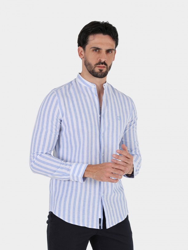 Camisa de linho e algodo com gola mandarim