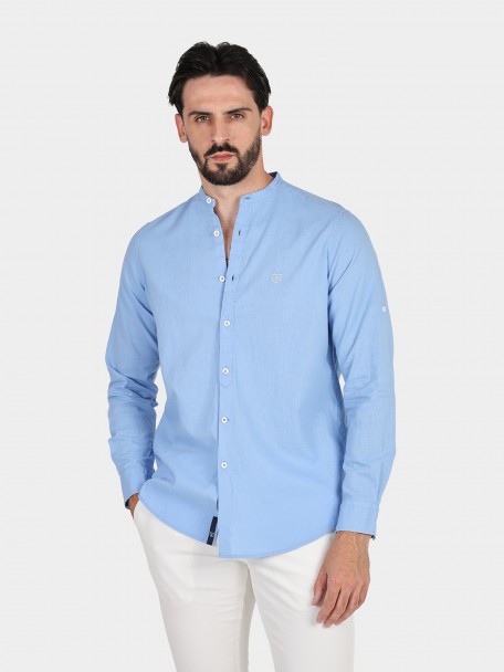 Camisa de linho e algod�o com gola mandarim
