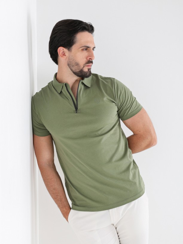 Cotton polo shirt with zip