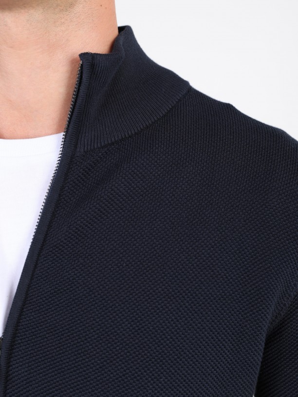 Cotton plain knit zip cardigan