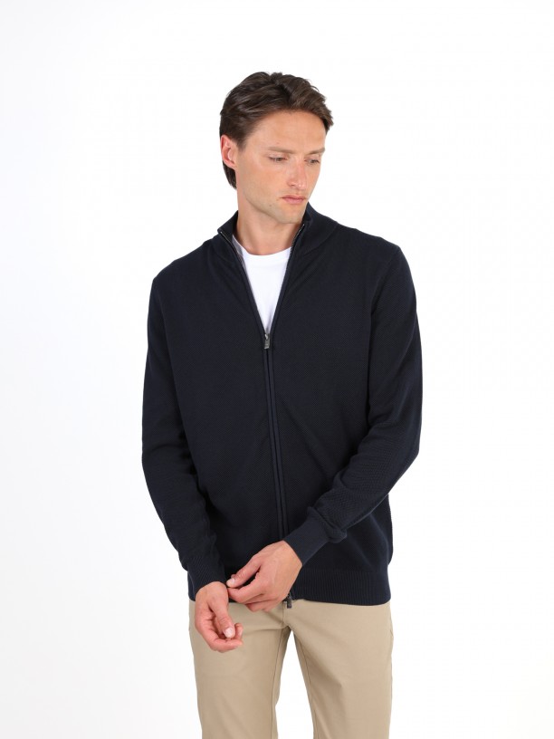 Cotton plain knit zip cardigan