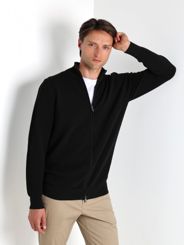 Cotton plain knit zip cardigan