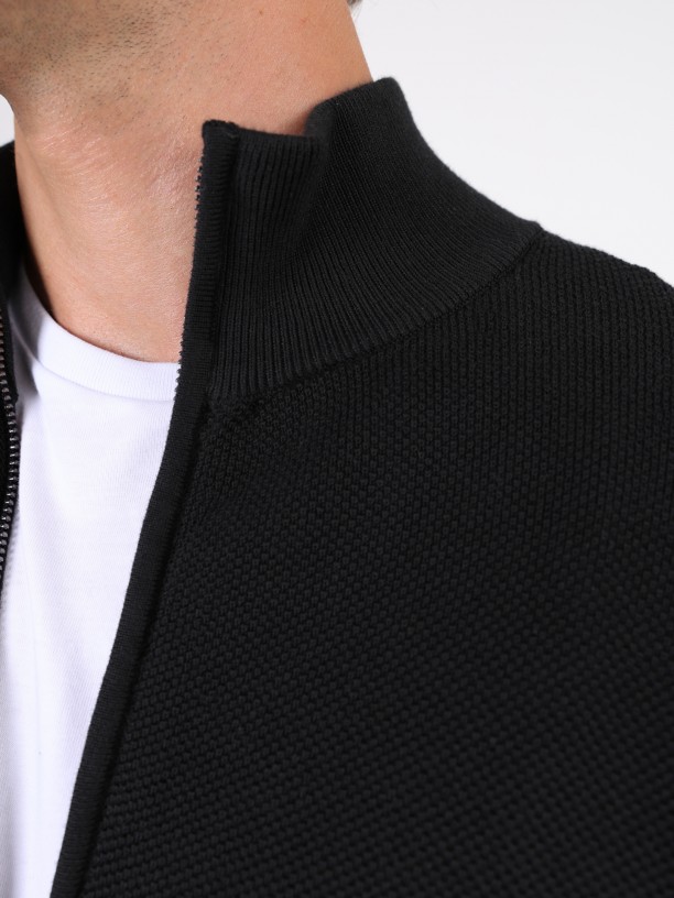 Cotton plain knit zip cardigan