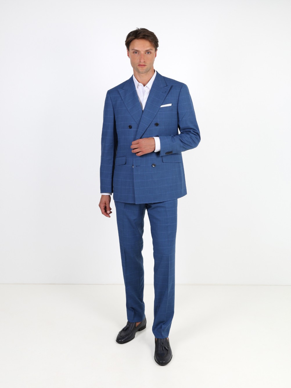 Double-breasted suit with a checkered pattern