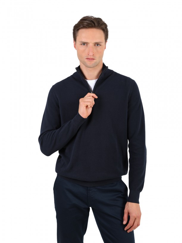 Knit sweater with half-zip 100% cotton