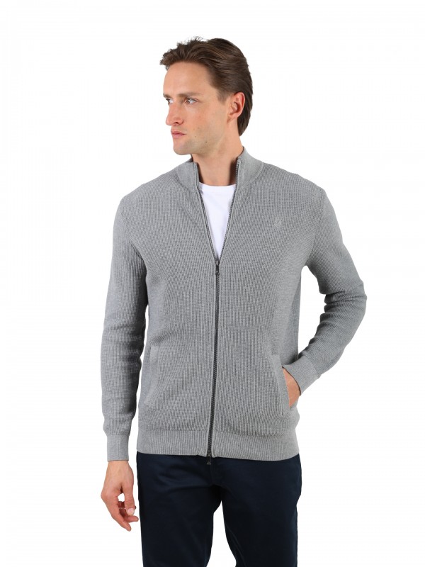 Cotton plain knit zip cardigan