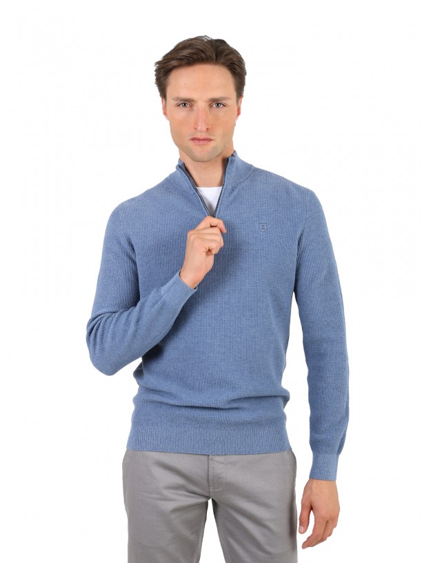 Knit sweater with half zip closure